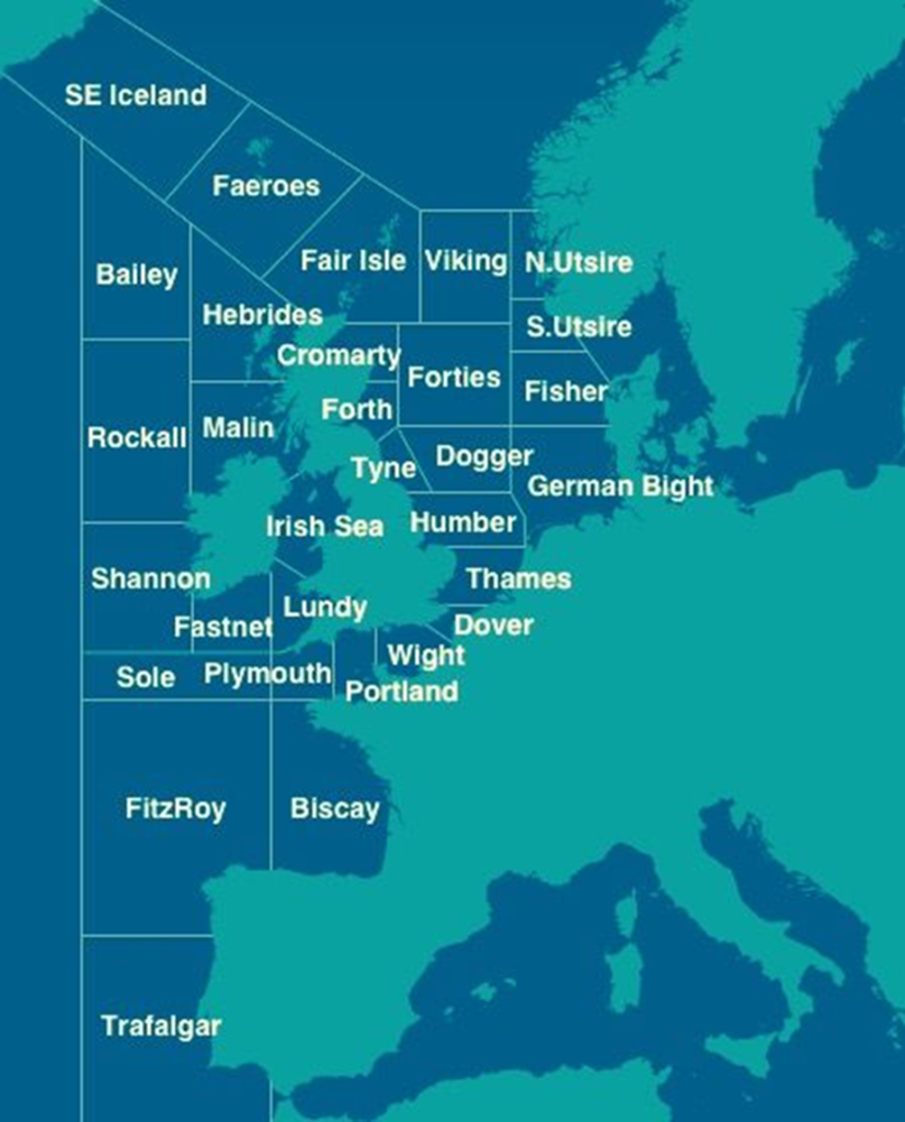 Gives the location of the shipping forecast areas on a map.